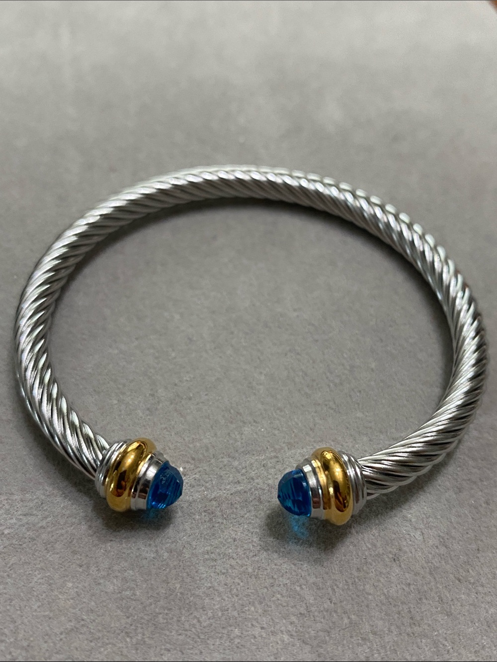 Stainless Steel Cable Cuff Bracelet with Blue Crystal Terminals